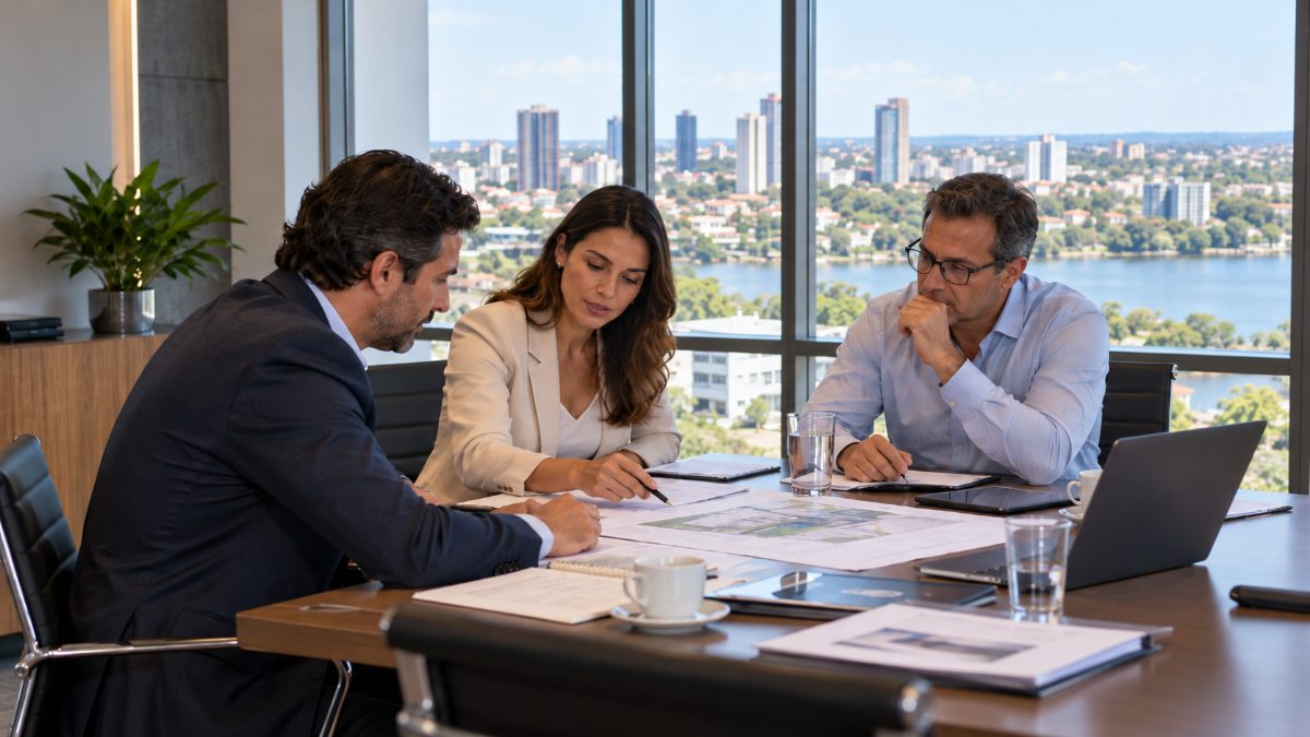 Tres ejecutivos analizando documentos y planos en una mesa de reunión, en una oficina con vista a la ciudad y al río