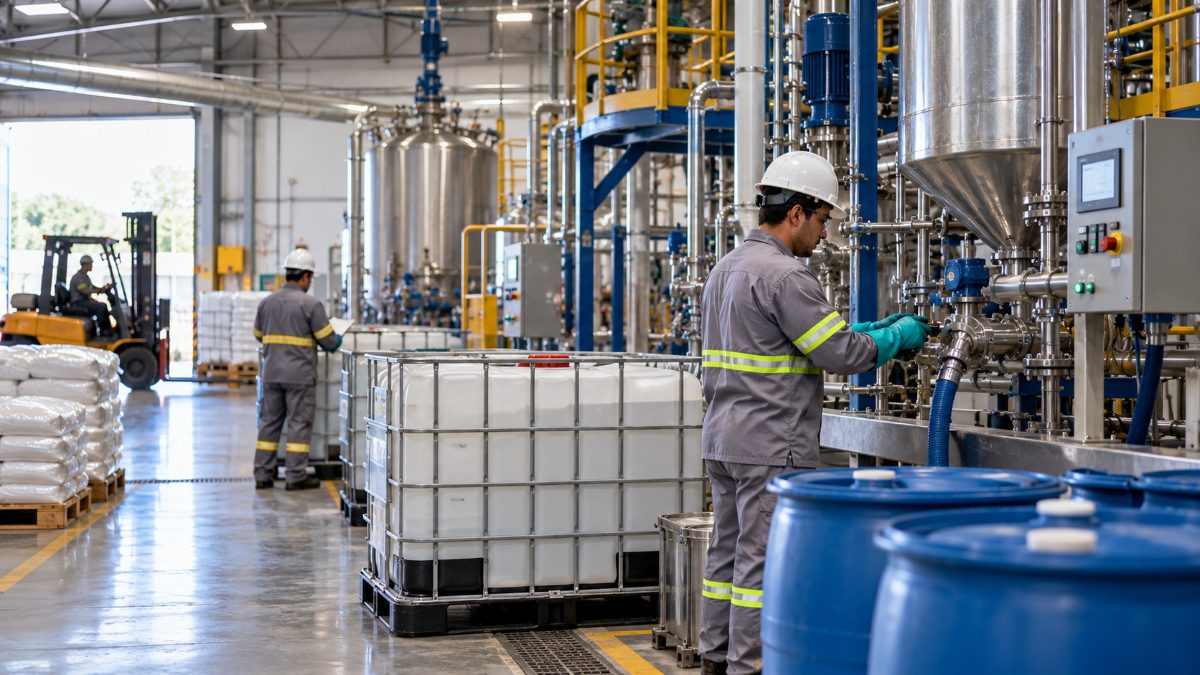 Operarios con casco trabajando en tanques y válvulas de acero inoxidable en una planta industrial moderna, con contenedores IBC y bidones azules